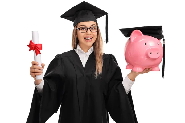 Graduate student holding a diploma and a piggybank — Stock Photo, Image