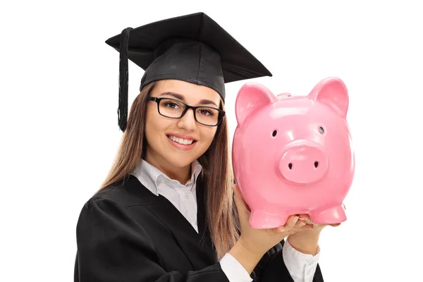 Feliz estudiante de posgrado sosteniendo una hucha — Foto de Stock