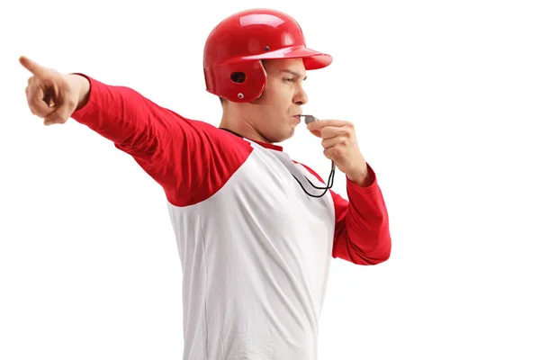 Baseball coach blowing a whistle and pointing with his hand — Stock Photo, Image