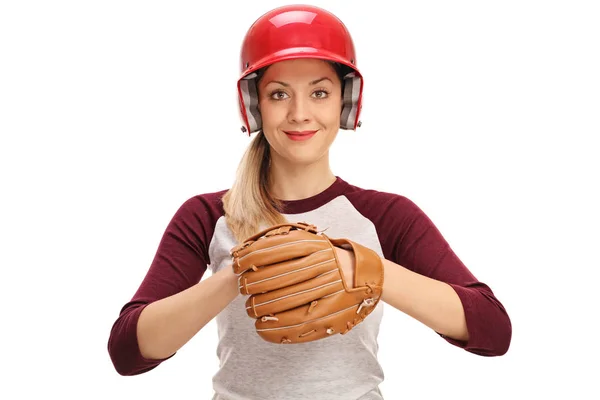 Female baseball player with a glove — Stock Photo, Image
