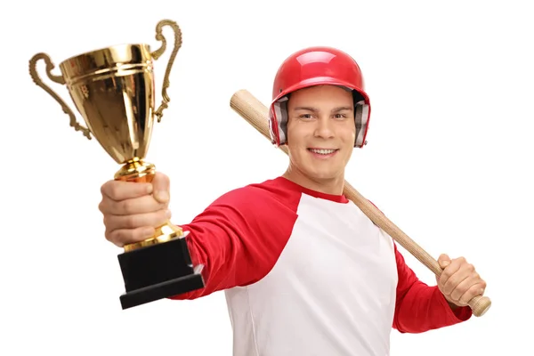 Giocatore di baseball con un pipistrello e un trofeo d'oro — Foto Stock