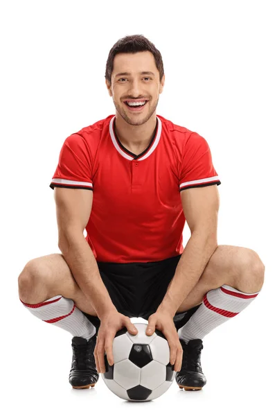 Bir top ile mutlu futbolcu — Stok fotoğraf