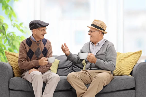 Glada pensionärer på en soffa pratar — Stockfoto