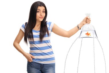 Confused girl holding a goldfish in bag with water leaking clipart