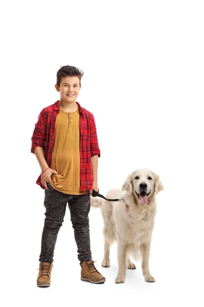 Радісний маленький хлопчик з собакою — стокове фото