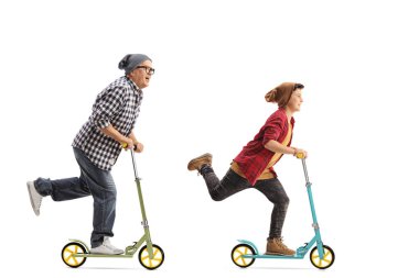 Mature hipster and a boy riding scooters clipart