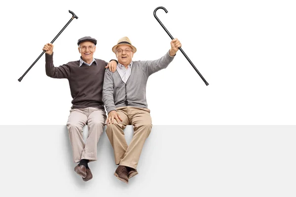 Senioren mit Gehstöcken sitzen auf einer Tafel — Stockfoto