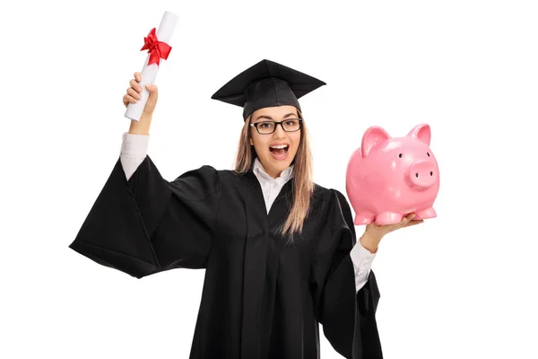 Overjoyed graduate student with diploma and piggybank — Stock Photo, Image