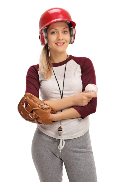 Gelukkige vrouw met een honkbal en een handschoen — Stockfoto