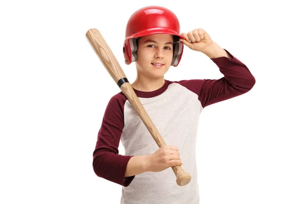 Kid met een honkbalknuppel en een helm — Stockfoto