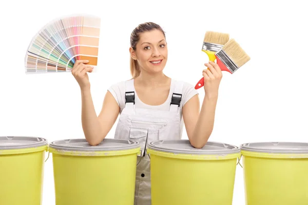 Female painter with color swatches and paintbrushes — Stock Photo, Image