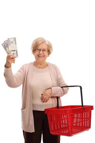 Mulher madura segurando pacotes de dinheiro e cesta de compras — Fotografia de Stock