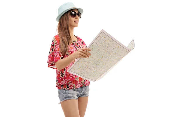 Female tourist with a generic map — Stock Photo, Image