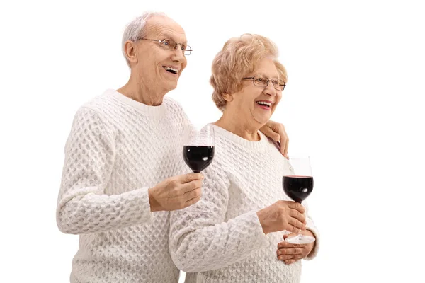 Casal idoso alegre com copos de vinho — Fotografia de Stock