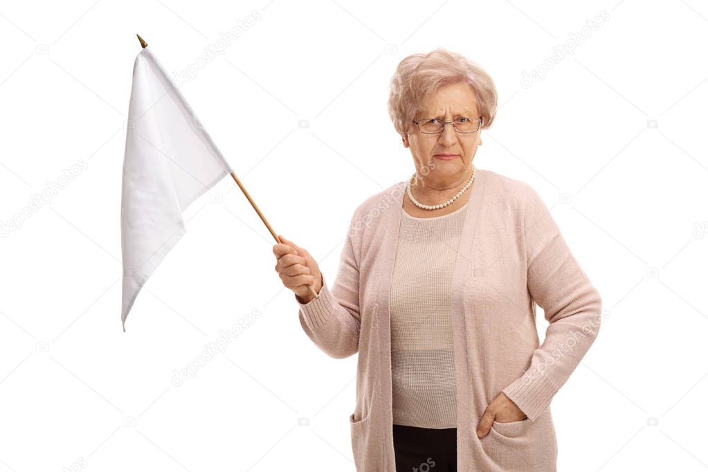 Disappointed mature woman holding a white flag