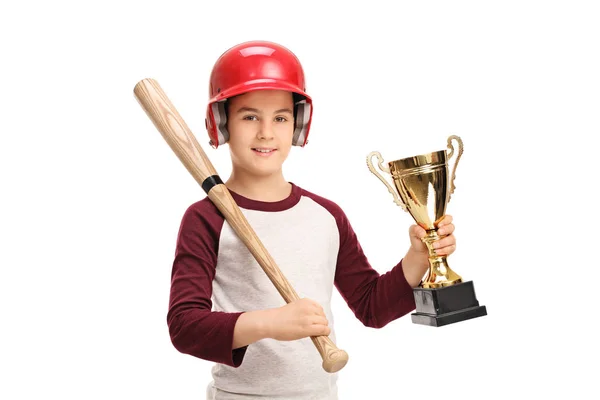 Jongen met een honkbalknuppel en een gouden trofee — Stockfoto