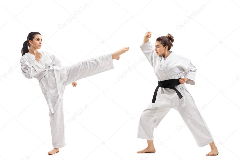women in kimonos practicing martial arts