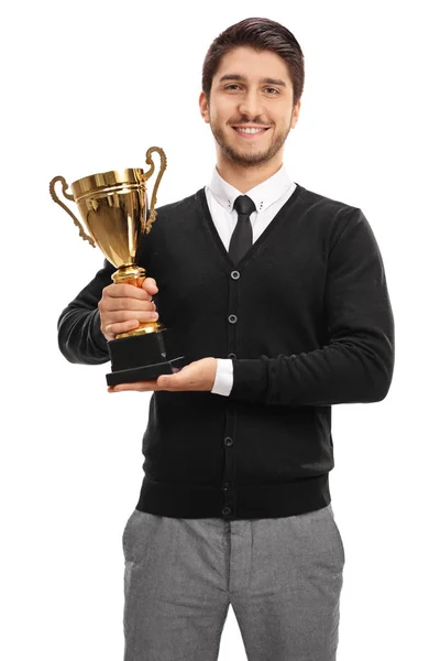 Happy guy holding a golden cup — Stock Photo, Image