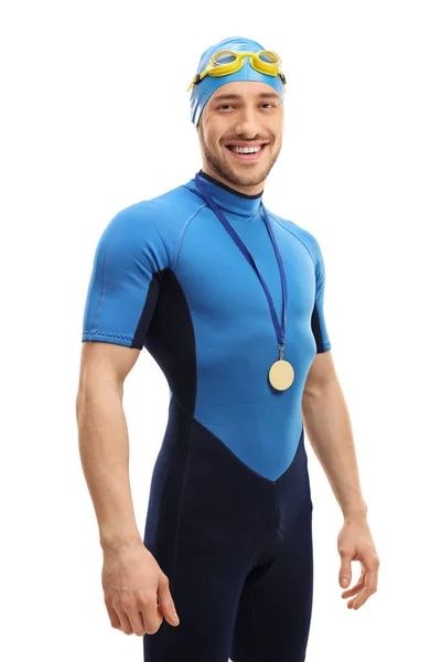 Glückliche Schwimmerin mit Goldmedaille — Stockfoto