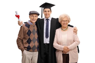 Graduate student posing together with his grandparents clipart
