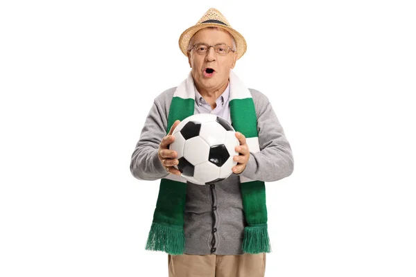 Soccer fan with scarf and football cheering — Stock Photo, Image