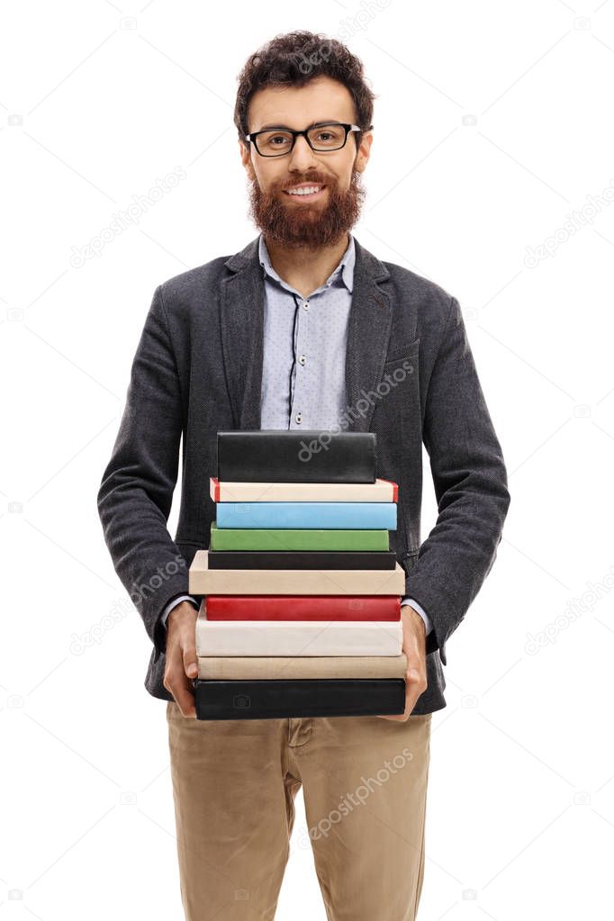 Professor with a stack of books 