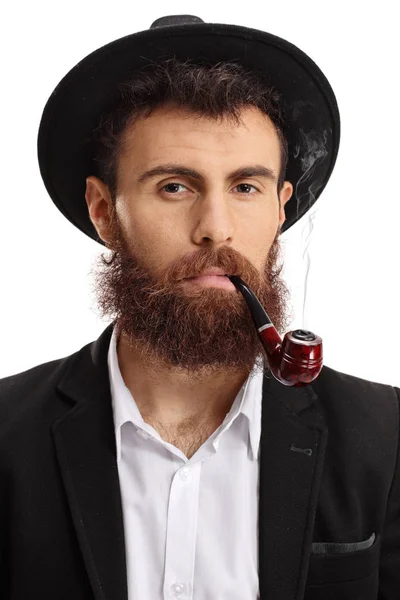 Portrait of a bearded man smoking a pipe — Stock Photo, Image