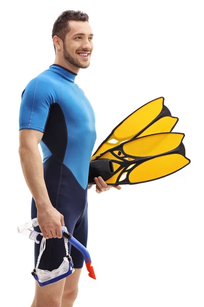 Chico en traje de neopreno con equipo de snorkel — Foto de Stock