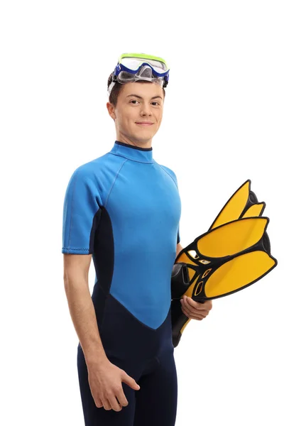 Teenage boy in a wetsuit with snorkeling equipment — Stock Photo, Image