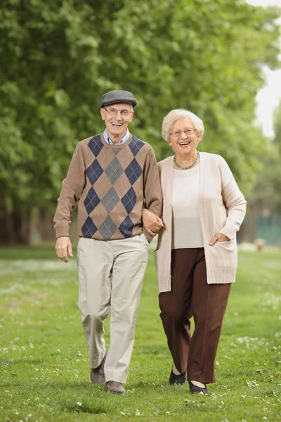 Seniorenpaar spaziert in einem Park — Stockfoto