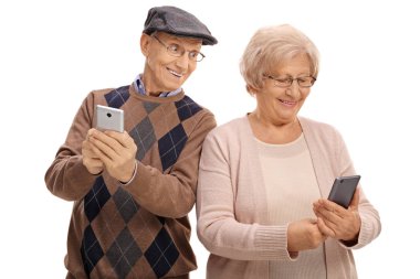 Elderly man looking at the phone of his wife clipart