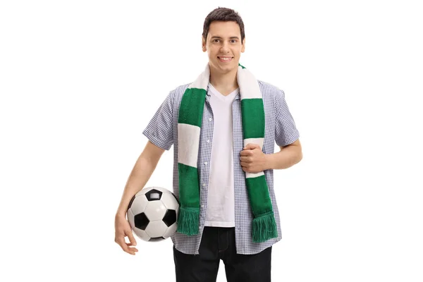 Young soccer fan with a scarf and a football — Stock Photo, Image