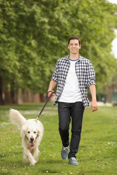 Jonge man met een hond wandelen in een park — Stockfoto