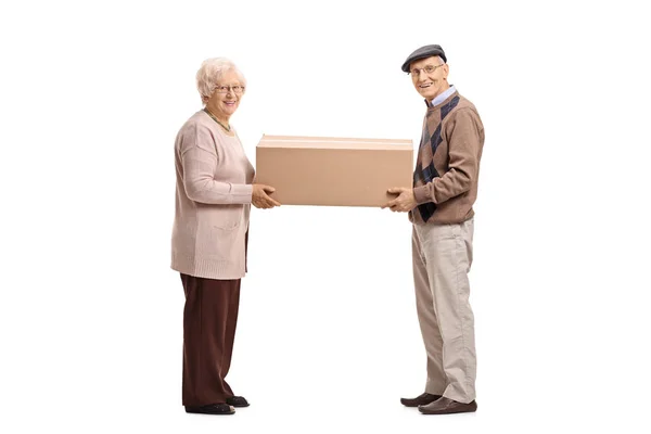 Elderly man and woman holding cardboard box — Stock Photo, Image