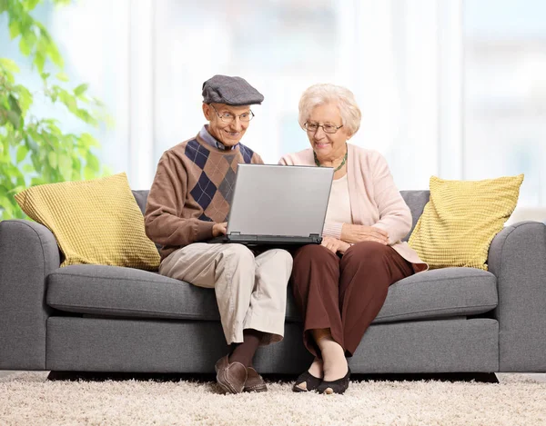 Seniors sitting on a sofa and using a laptop