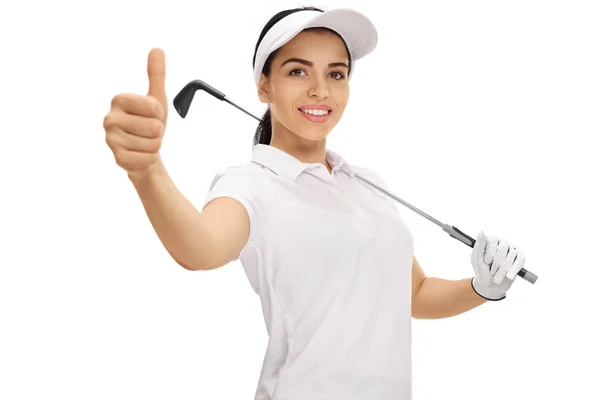 Vrouwelijke golfer een duim omhoog gebaar maken — Stockfoto