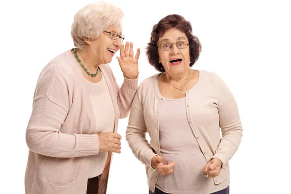 Mature woman whispering to her surprised friend — Stock Photo, Image