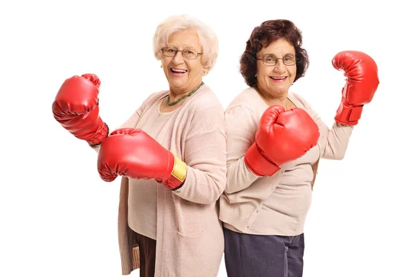Веселі зрілі жінки з боксерськими рукавичками — стокове фото