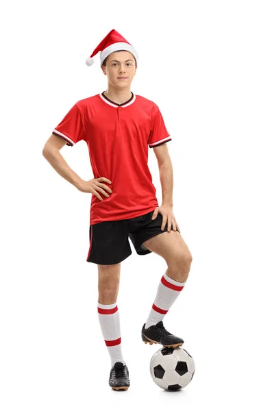 Teenie-Fußballer mit Weihnachtsmütze — Stockfoto