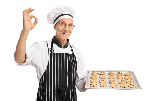 Assadeira segurando bandeja com biscoitos e fazendo sinal ok — Fotografia de Stock