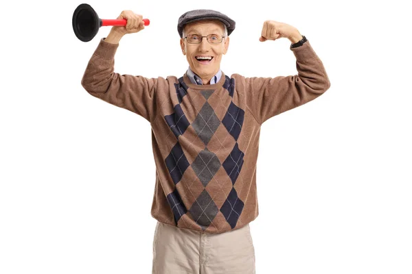 Senior holding a plunger and flexing his biceps — Stock Photo, Image
