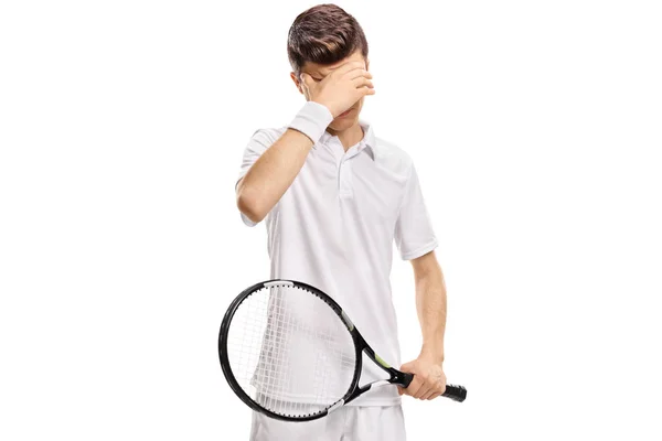 Tartja a fejét hitetlenkedve teniszező — Stock Fotó