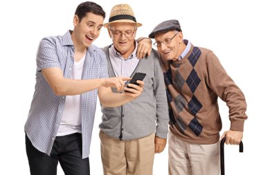 guy showing something on phone to elderly men clipart