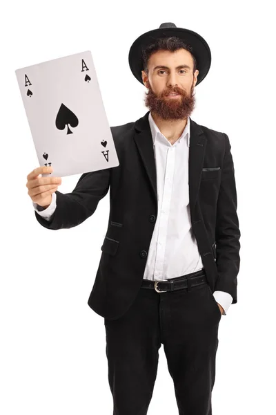 Bearded man showing an ace of spades card — Stock Photo, Image