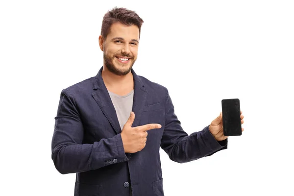 Elegante man een telefoon te houden en wijzen — Stockfoto