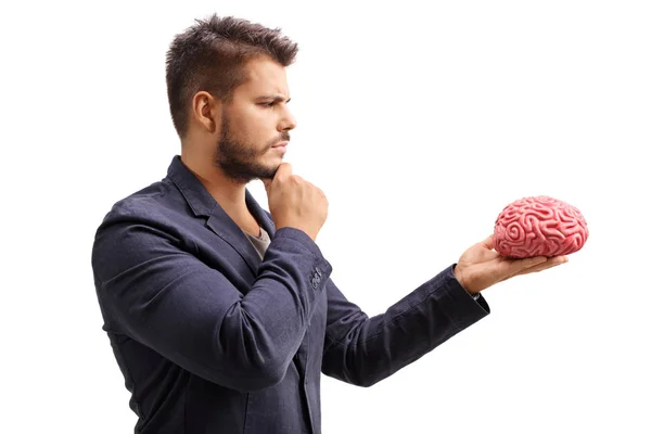 Uomo pensieroso che guarda un modello cerebrale — Foto Stock