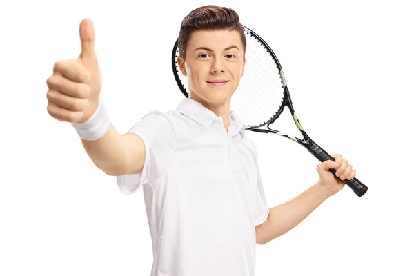 Jugador de tenis adolescente haciendo un signo de pulgar hacia arriba —  Fotos de Stock