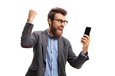 Bir telefon el mutluluğu ile sakallı adam