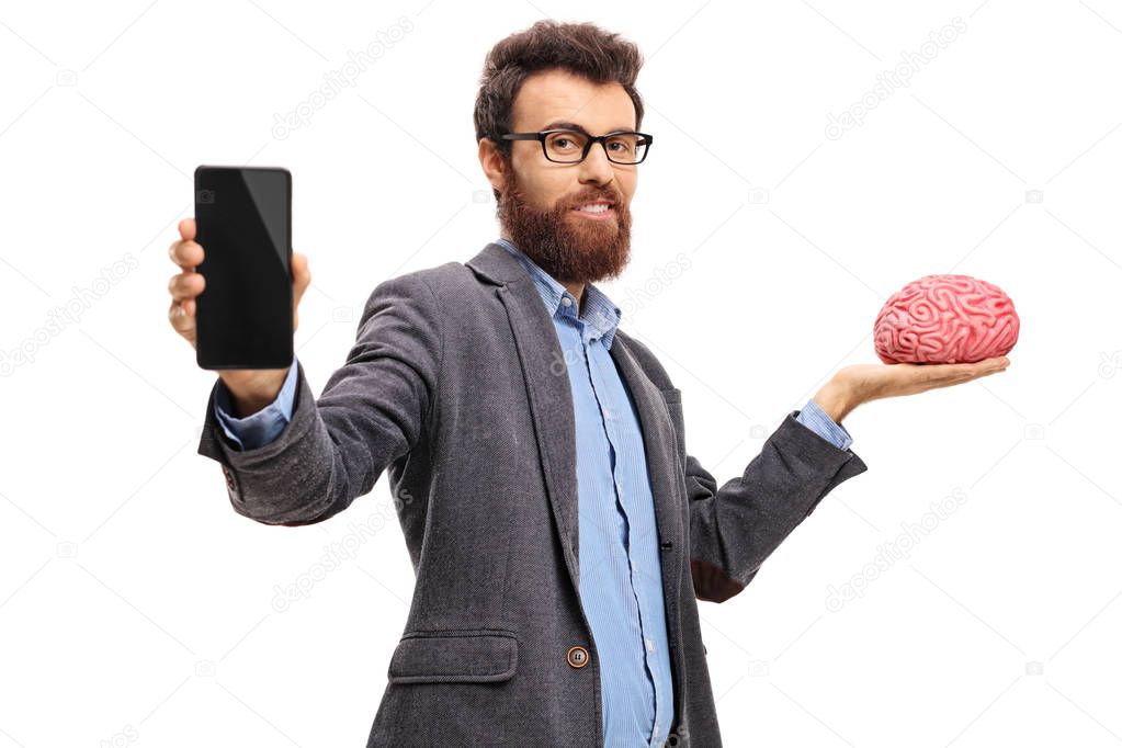 Teacher showing a phone and holding a brain model
