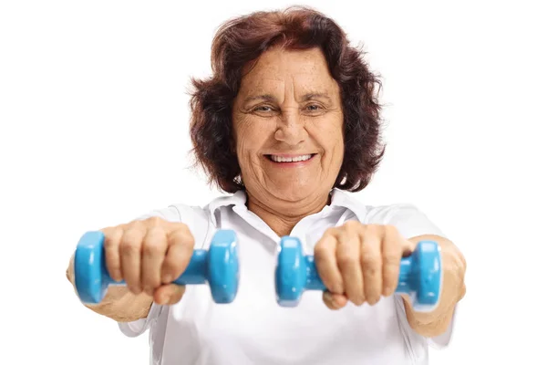 Elderly woman with small dumbbells — Stock Photo, Image